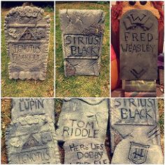 four pictures of tombstones with writing on them in different styles and sizes, including one that has been carved into the ground