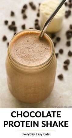 chocolate protein shake in a mason jar with text overlay that reads, chocolate protein shake everyday easy eats