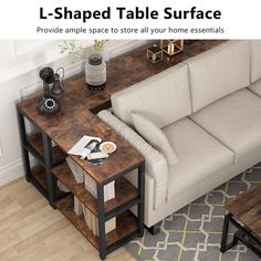 an l - shaped table surface provides ample space to store all your home essentials