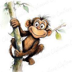 a drawing of a monkey hanging on to a tree branch