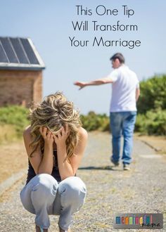 a man standing next to a woman sitting on top of a dirt road with the words, this one tip will transform your marriage