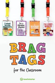 the front cover of brag tags for the classroom, featuring four children's books