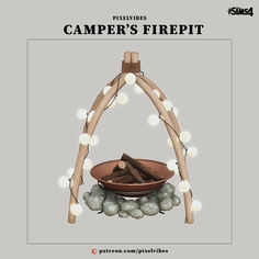 the camper's fire pit is made out of wood and has lights around it