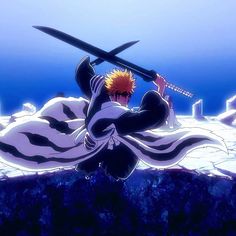 an anime character laying on the ground with two swords in his hands and one hand behind his head