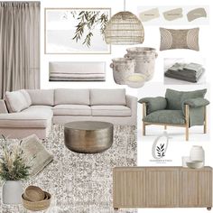 a living room filled with furniture and decor in shades of beige, grey, and white