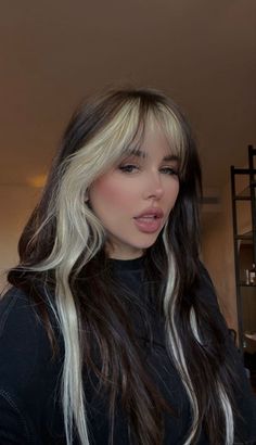 Brown Hair Colors With Blonde Front Pieces, Side Part With Face Framing Bangs, Back And Blonde Hair, Money Piece With Front Bangs, Black And White Hair With Curtain Bangs, Brown Hair Blonde Money Piece Bangs, Bangs Hair Color Highlights, Black Front Pieces Hair