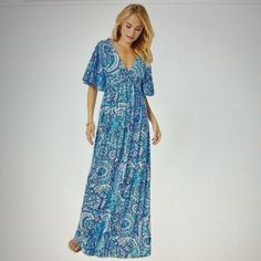 Lilly Pulitzer Minka Maxi Dress In Blue Grotto New With The Tag Size 10 Non-Smoking Home Blue Lined Maxi Dress, Blue Short Sleeve Maxi Dress For Vacation, Elegant Blue Printed Maxi Dress, Flowy Blue Lined Dress, Lilly Pulitzer Maxi Dress, Blue Grotto, Maxi Shift Dress, Cotton Long Dress, Floral Halter Dress