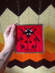 a ladybug is shown on a red and yellow blanket