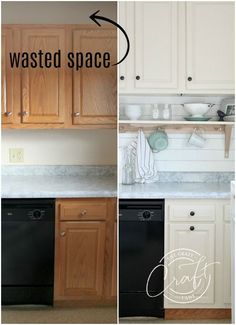 before and after photos of kitchen cabinets with white paint on the backsplashes