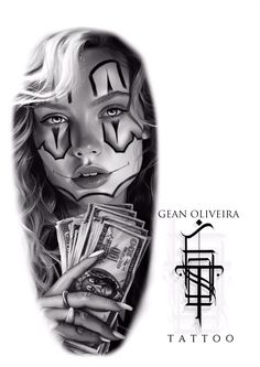 a drawing of a girl with makeup and money