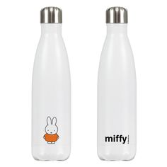 the miffy water bottle is white and has a rabbit on it's side