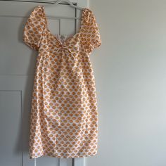 J.Crew! Nwot! Dress! Took The Tags Off But Never Wore! Cotton Short Sleeve Sundress For Brunch, Printed Cotton Mini Dress For Brunch, Cotton Sundress With Short Sleeves For Brunch, Cotton Sundress For Brunch With Short Sleeves, Knee-length Cotton Sundress For Brunch, Orange Cotton Sundress For Brunch, Orange Cotton Dress For Day Out, Orange Cotton Midi Dress For Daywear, White Printed Cotton Sundress