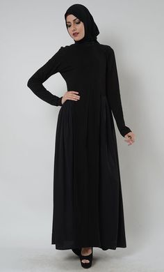 Highneck Pleated Muslimah Abaya Dress Long Sleeve Modest Abaya With Modesty Panel, Modest Long Sleeve Abaya With Modesty Panel, Fitted Maxi Length Abaya With Modesty Panel, Stretch Abaya With Long Sleeves, Muslimah Abaya, Trendy Abaya, Abaya Online, Abaya Dress, Modest Wear