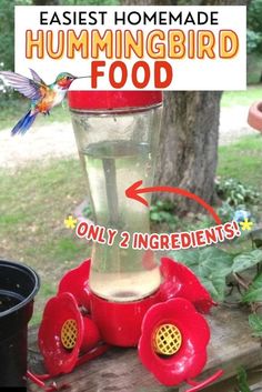 a hummingbird feeder with the words easy homemade hummingbird food on it's side