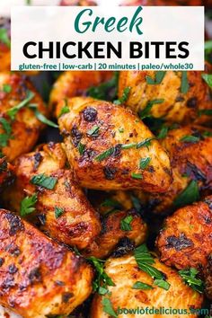 grilled chicken bites on a plate with herbs