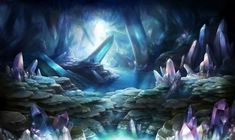 an artistic painting of rocks and water in a cave