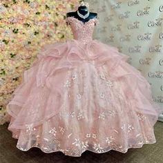 a pink ball gown on display in front of a floral wall