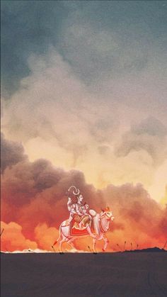 a painting of a man riding on the back of a horse in front of a sky filled with clouds