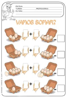 a worksheet with eggs in an egg cart and the words vamos somar