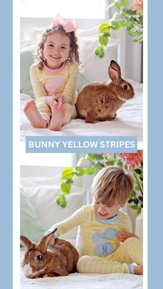 Get ready for Easter festivities with our delightful Bunny Yellow Stripe Pajamas! The sweet yellow stripe knit is adorned with a blue bunny appliqué. The set includes a long sleeve pajama top and matching pull-on pajama pants, providing the perfect combination of comfort and cuteness. Personalize these pajamas with a monogram for an adorable and unique touch! Whether it's for a good night's sleep or lounging at home, your little one will adore these pajamas. Yellow Stripes, Striped Knit, Easter Baskets