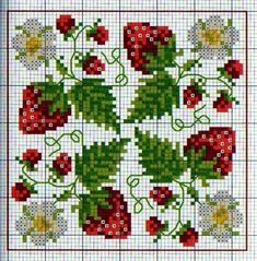 a cross stitch pattern with strawberries and flowers on the bottom, in red and green