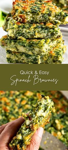 spinach and easy spinach brownies are stacked on top of each other with the title in the middle