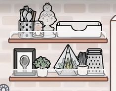 the shelves are filled with kitchen items and utensils