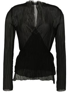 black semi-sheer construction fully pleated plissé effect wrap design mock neck long sleeves belted waist straight hem Long Sleeve Crinkle Texture Blouse For Work, Long Sleeve Blouse With Crinkle Texture For Work, Elegant Black Pleated Blouse, Black Pleated Top For Fall, Chic Pleated Tops For Night Out, Chic Long Sleeve Crinkle Texture Blouse, Chic Long Sleeve Blouse With Crinkle Texture, Pleated Tops For Evening Wear In Fall, Chic Black Pleated Top