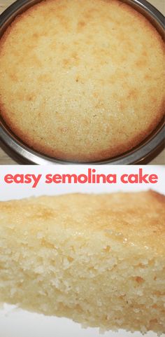 two pictures showing how to make an easy and delicious lemon cake with the words easy semolinia cake on it