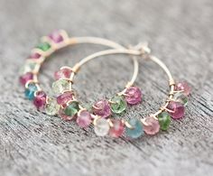 Hoop Earrings Colorful Tourmaline Luxury 14K Gold by daimblond, €33.00 Handmade Multicolor 14k Gold Filled Jewelry, Wire Wrapped Tourmaline Jewelry For Jewelry Making, Crafty Jewelry, Rainbow Tourmaline, Etsy Jewelry Handmade, Minnie Mouse Earrings, Bijoux Fil Aluminium, Wire Jewelry Tutorial, Diy Earring