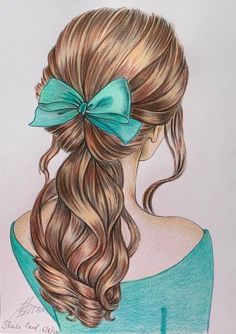 a drawing of a woman with long hair and a bow in her hair is shown