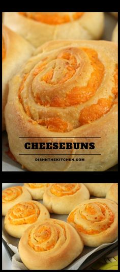 several different types of breads are shown in this collage with the words cheese buns on them