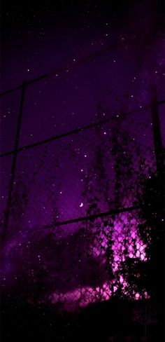 the night sky is purple and stars are shining in the distance behind a chain link fence