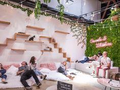 several people sitting on couches in front of a wall with plants and hanging lights