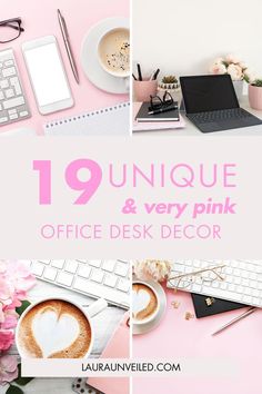 a pin that says in a large font 19 Unique & Very Pink Office Desk Decor Pink Work Station, Pink Desk Decor Work Spaces, Pink And White Office Ideas, Pink Cubicle Decor Work Spaces, Beautiful Offices For Women, Office Ideas Feminine, Girly Desk Setup, Pink Cubicle, Pink Cubicle Decor