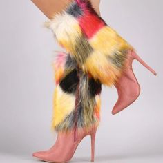 4 Inch High Heel Fur Boots Nwotb Mild Calf Side Zipper Closure Finished With Cushion Insole Pointy Toe Silhouette Fluffy Multicolor Faux Fur Detail Slim Stiletto Vegan Suede Cute High Heels, Furano, Faux Fur Boots, Black Stilettos, Faux Leather Heels, Stiletto Boots, Brown Heels, Open Toe Shoes, Fur Boots