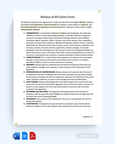 A Release of All Claims Form is a document that absolves one party from any future legal claims or liabilities related to a specific incident or agreement. It ensures that the claimant relinquishes the right to pursue further legal action. This free Release of All Claims Form can help you in making one. Rights And Responsibilities, Legal Forms, Legal Documents, Business Names, No Response, Collage, Pins, Quick Saves