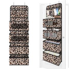 the leopard print hanging organizer is open and closed