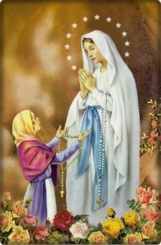 an image of the virgin mary and child jesus with flowers in front of her, holding hands