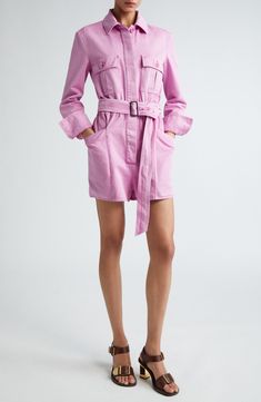 A peony-pink hue enlivens this utility-inspired, belted romper cut from cotton drill and furnished with a bevy of pockets. Hidden-button half placket Spread collar Long sleeves with button cuffs Chest button-flap patch pockets; side patch pockets Elastic waist Removable belt 100% cotton Dry clean or machine wash, line dry Made in Italy Designer Clothing Chic Spring Belted Dress, Chic Belted Dress For Spring, Chic Belted Dress With Belt Loops For Spring, Spring Jumpsuits And Rompers With Belt Loops, Spring Workwear Jumpsuits And Rompers With Patch Pockets, Spring Jumpsuits With Patch Pockets, Spring Cotton Belted Jumpsuits And Rompers, Fitted Jumpsuits And Rompers With Patch Pockets For Spring, Belted Utility Jumpsuit For Spring