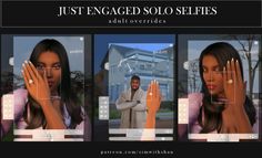 three different images of a woman's face and hands, with the words just engaged solo