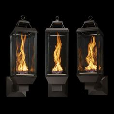 three different types of fireplaces with flames in them