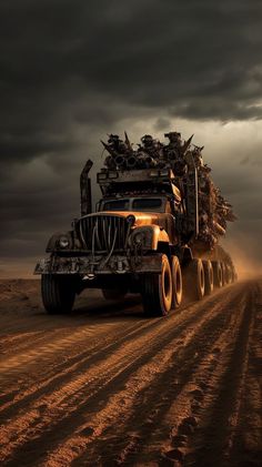 a large truck with many items on it's back driving down a dirt road