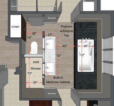 an overhead view of a bathroom with measurements