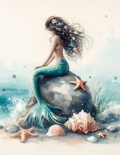 a painting of a mermaid sitting on top of a rock with shells and starfish