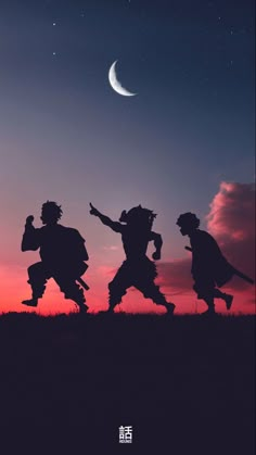 the silhouettes of three people are dancing in front of an orange and purple sky