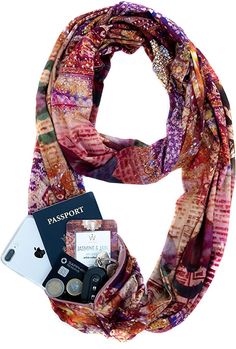 Waypoint Goods Infinity Scarf with Zipper Pocket - Durable, Stylish Travel Scarf for Women with Secret, Hidden Pocket to keep Phone, Passport, and Money Secure at Amazon Women’s Clothing store Red And Violet, Leather Passport Wallet, Best Travel Accessories, Travel Wear, Fashion Scarves, Scarf For Women, Travel Bug