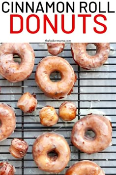 cinnamon roll doughnuts on a cooling rack with text overlay