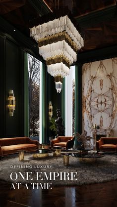 an elegant living room with chandelier, sofas and tables in the center