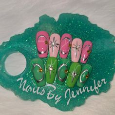 Pink and green coffin Wicked themed press on nails size small Wicked Inspired Nails Pink And Green, Wicked Musical Nail Designs, Glinda Inspired Nails, Wicked Nails Designs, Wicked Nail Designs, Wicked Nails Musical